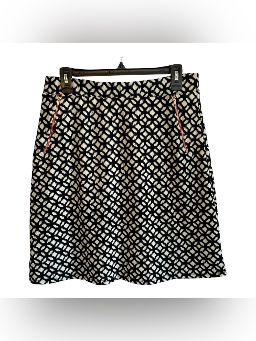 LE LIS A-Line Skirt Women L Faux Pockets Made In USA Black White Geometric Print